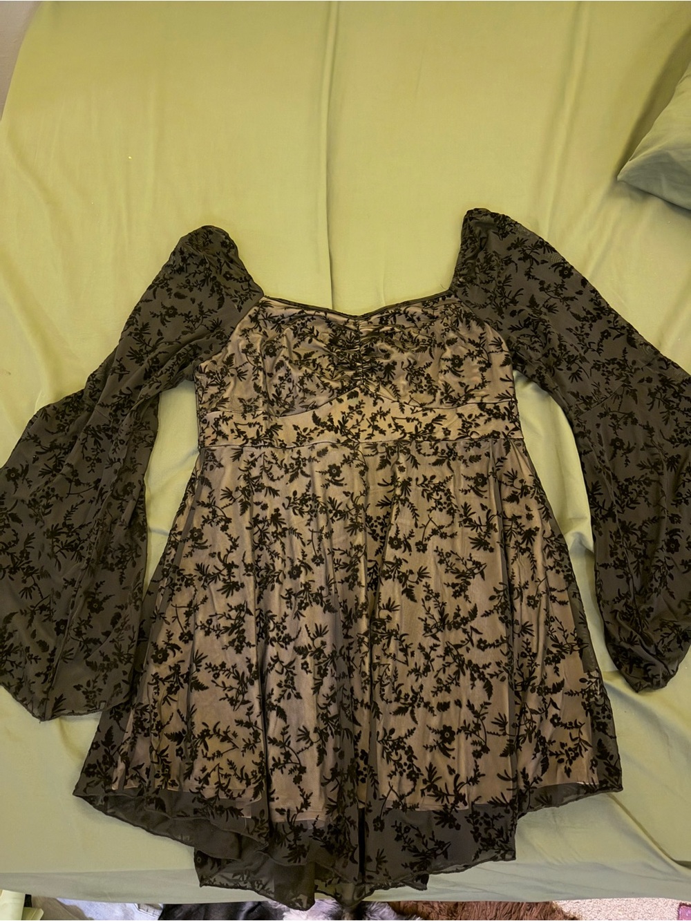 Floral Lace Overlay Whimsy Goth Women's Dress - Black on Taupe